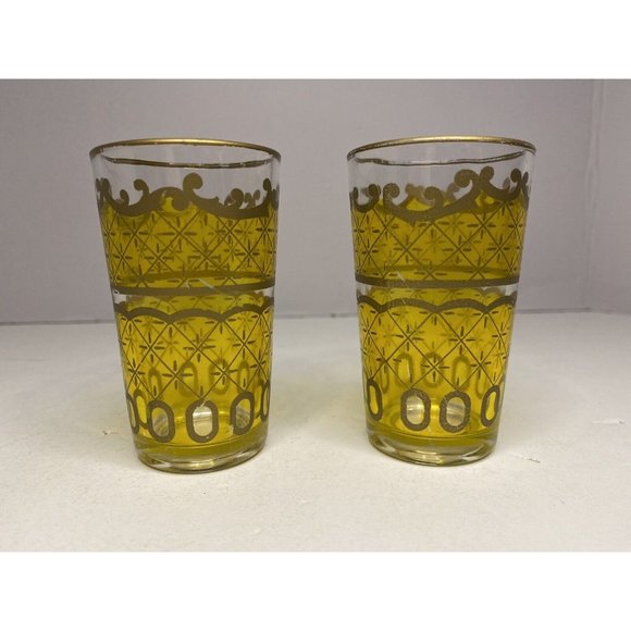Vtg Moroccan Style Tea Glasses Yellow and Gold Set of 2 Persian Turkish Cordial - Picture 2 of 11